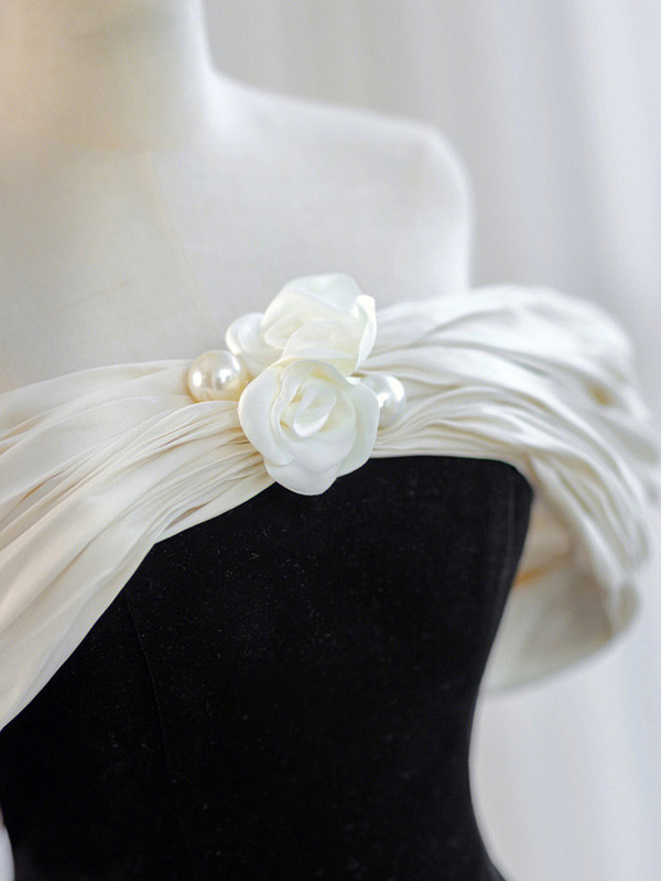 Black Velvet Off the Shoulder Pleats Flower Prom Dress