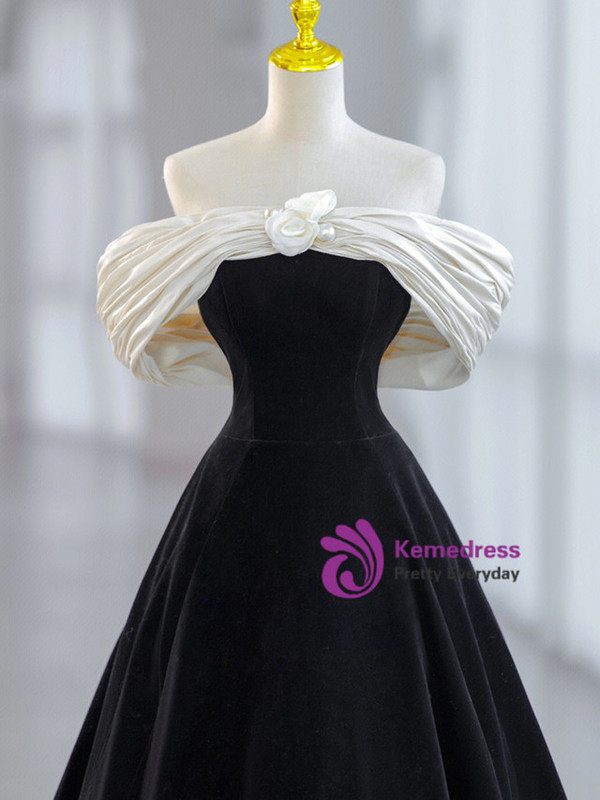 Black Velvet Off the Shoulder Pleats Flower Prom Dress