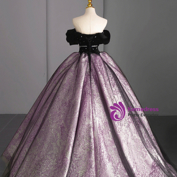 Black Velvet Short Sleeve Off the Shoulder Prom Dress