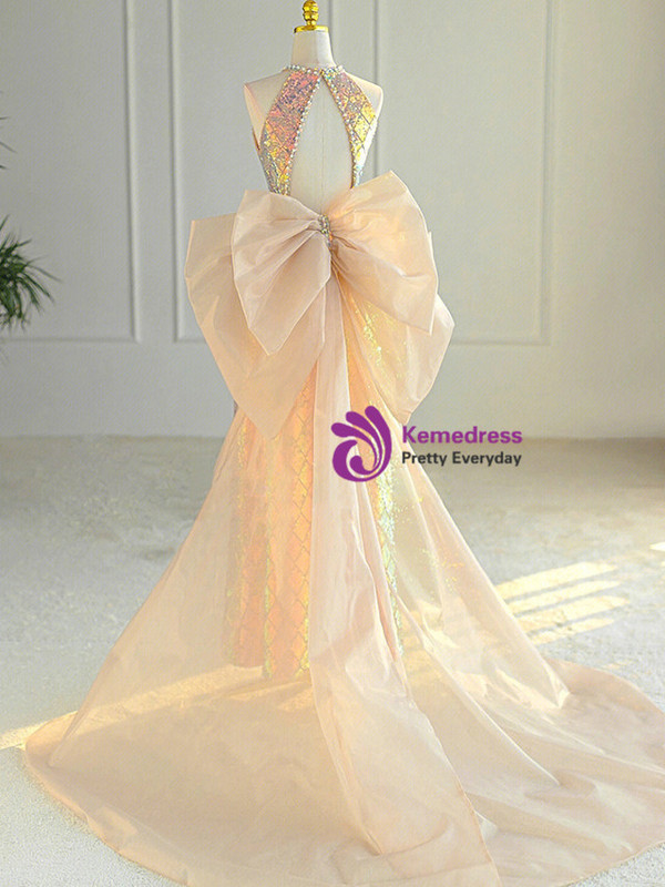 Gold Sequins Halter Backless Bow Prom Dress