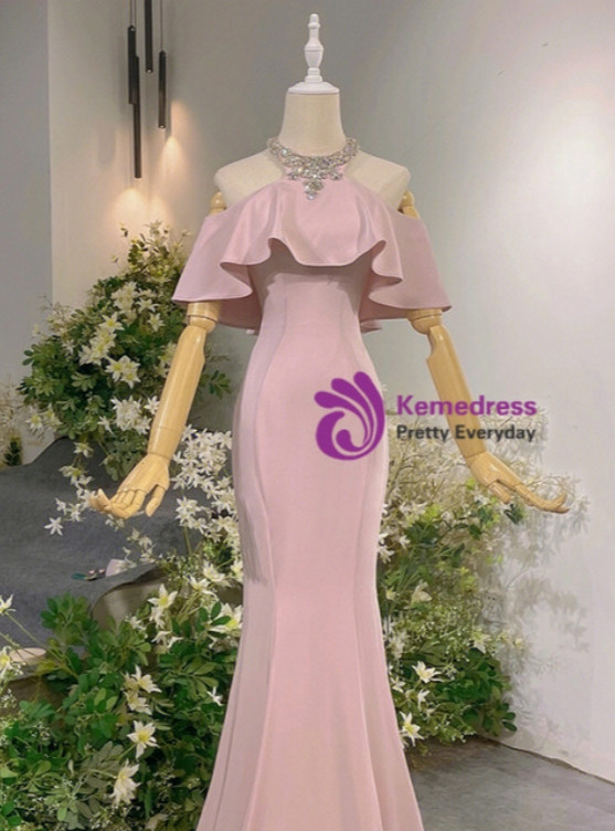 Sexy Pink Mermaid Halter Crystal Prom Dress