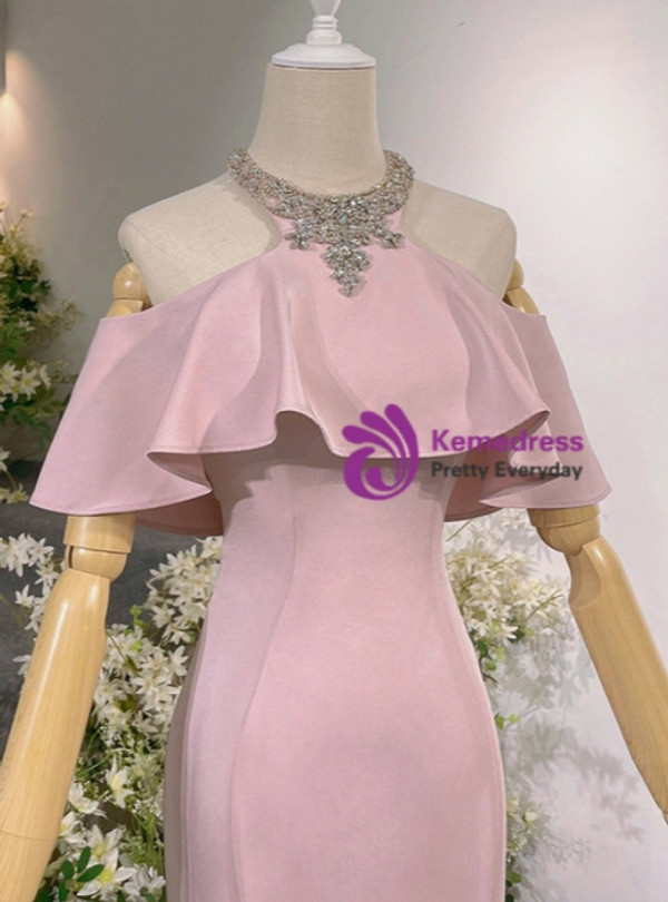 Sexy Pink Mermaid Halter Crystal Prom Dress