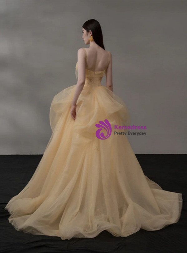 Yellow Tulle Spaghetti Straps Beading Prom Dress