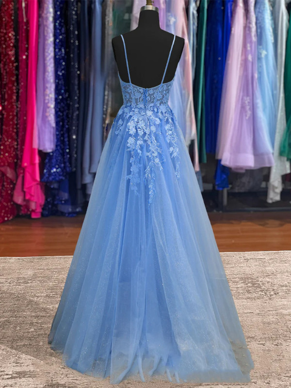 Blue Tulle Spaghetti Straps Appliques Prom Dress