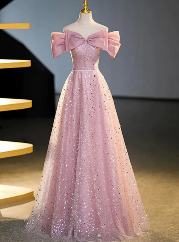 Pink Tulle Sequins Off the Shoulder Prom Dress