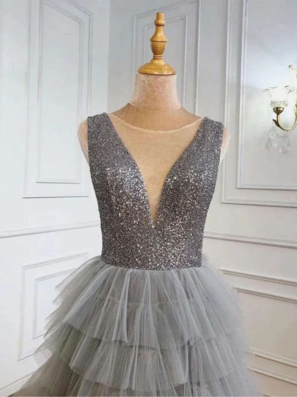 A-Line Gray Tulle V-neck Sequins Prom Dress