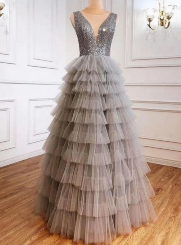 A-Line Gray Tulle V-neck Sequins Prom Dress