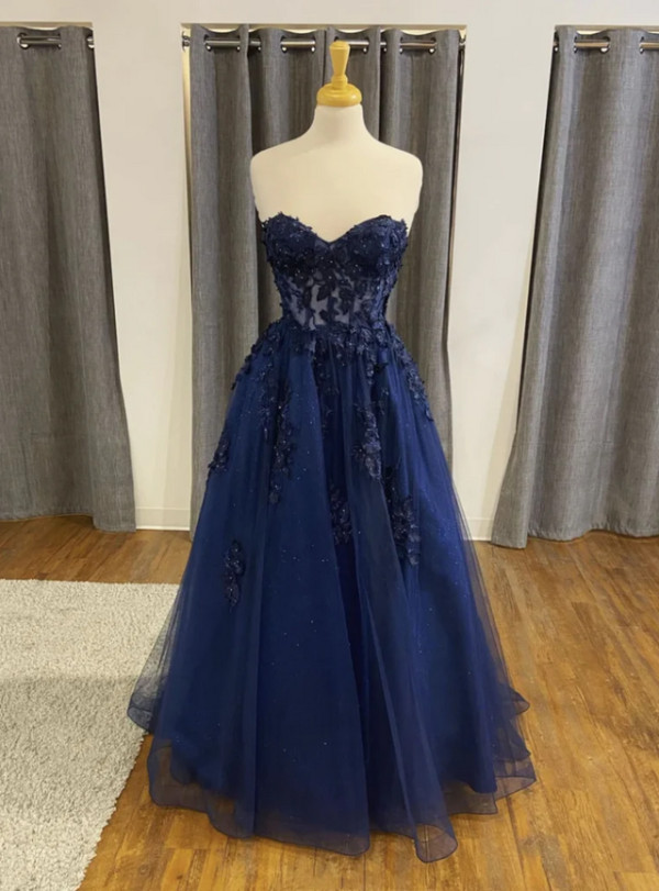 Navy Blue Tulle Strapless Appliques Prom Dress