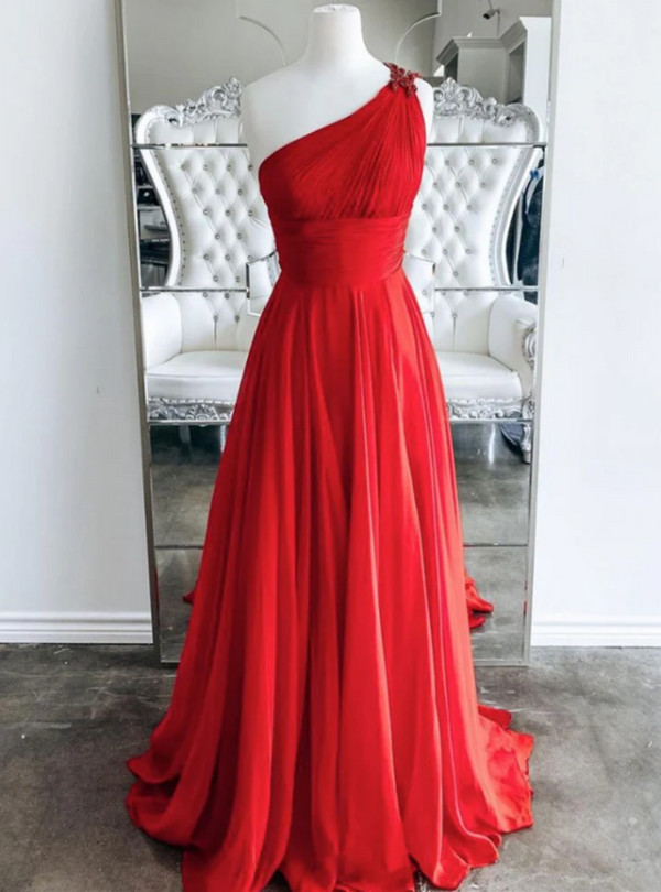 Red Chiffon One Shoulder Pleats Beading Prom Dress