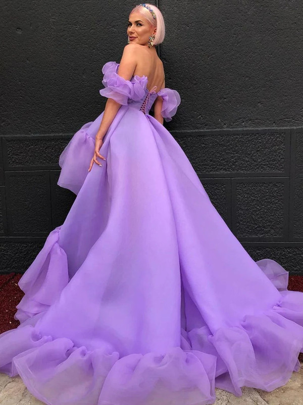 Purple Off the Shoulder Hi Lo Organza Prom Dress