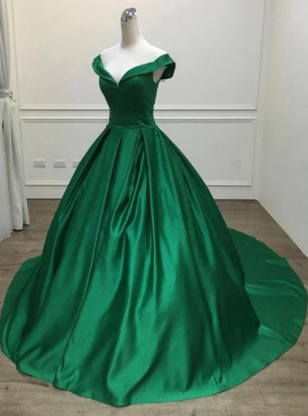 Simple Green Satin Off the Shoulder Prom Dress