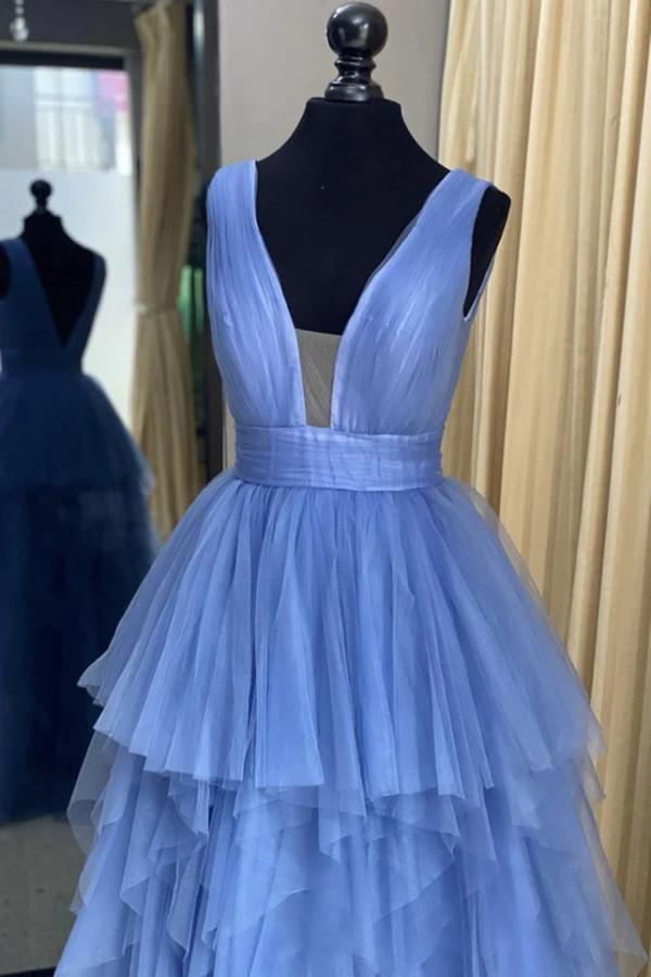 Blue Tulle Tiers Deep V-neck Pleats Prom Dress