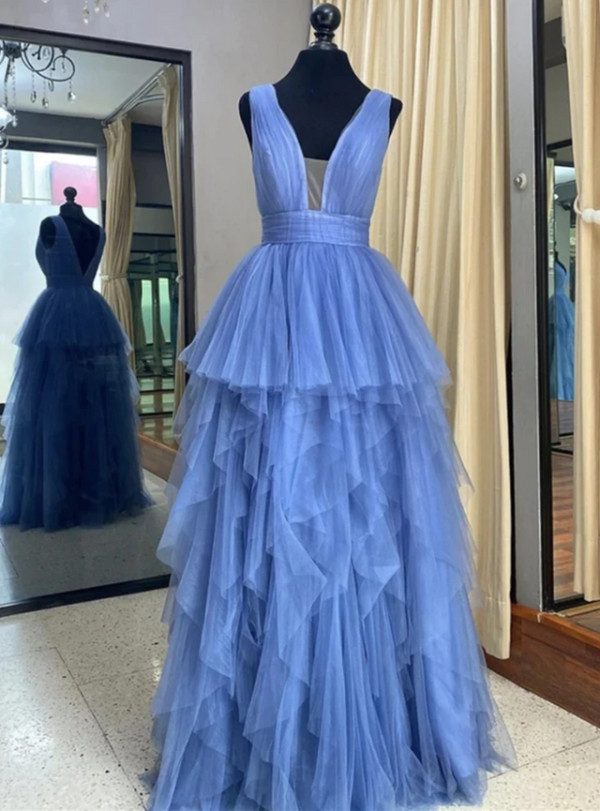 Blue Tulle Tiers Deep V-neck Pleats Prom Dress