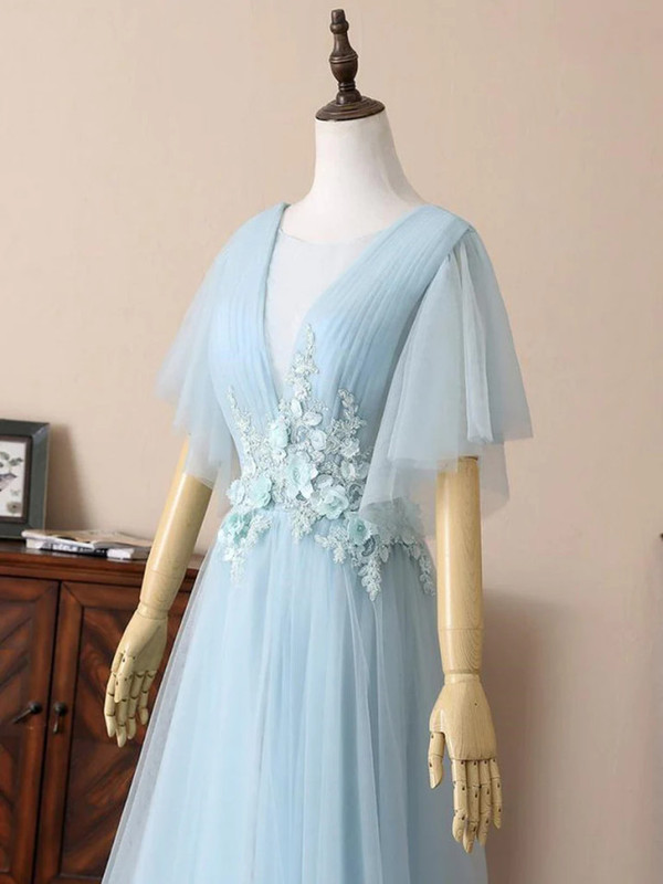 Blue Tulle 3D Appliques Pleats Prom Dress