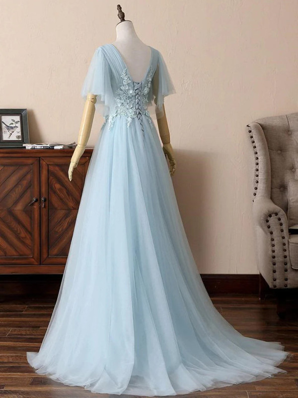 Blue Tulle 3D Appliques Pleats Prom Dress
