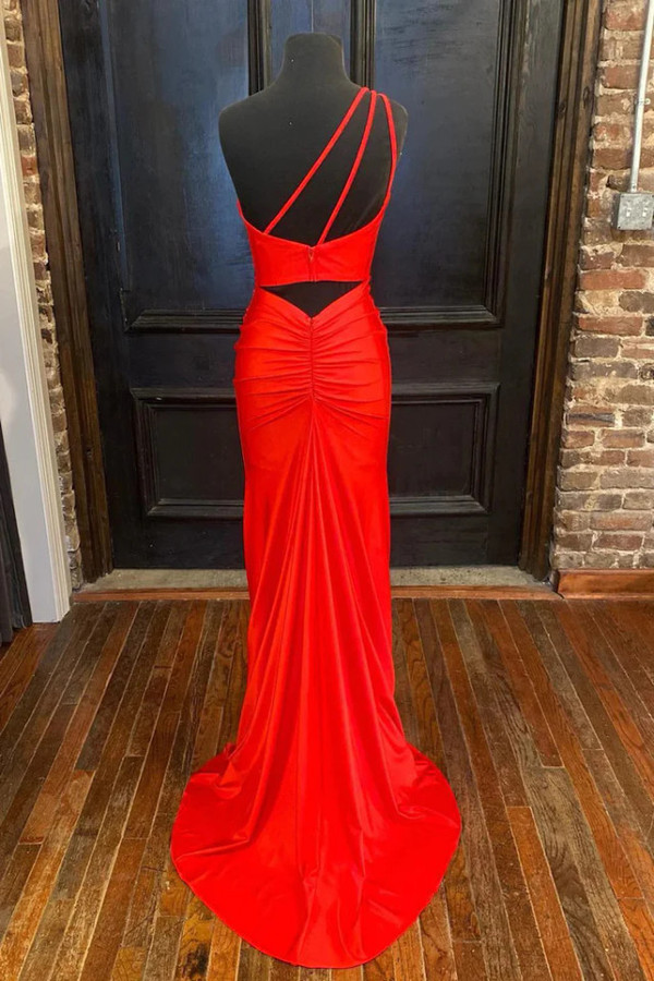 Red Mermaid One Shoulder Pleats Split Prom Dress