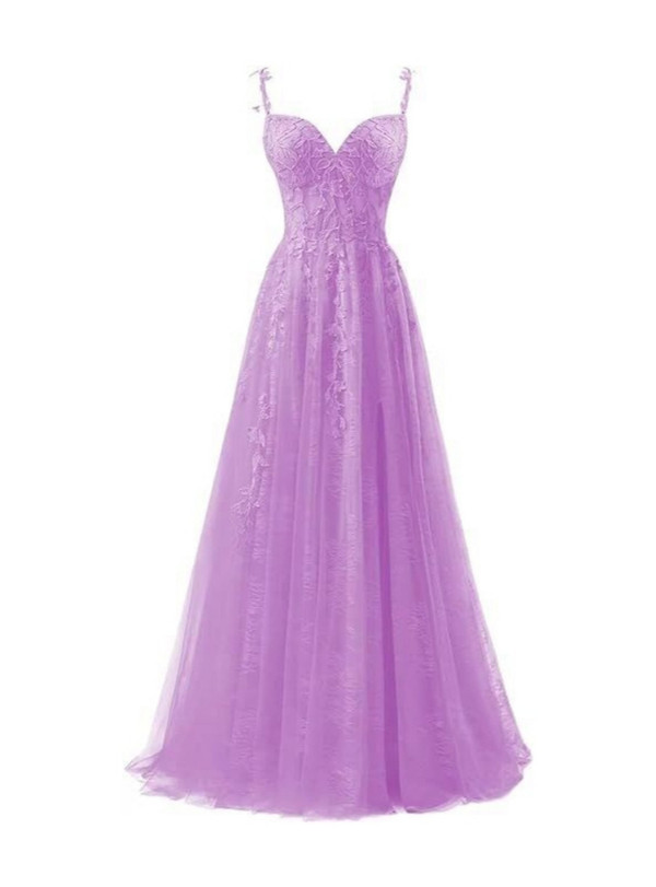 Purple Tulle Spaghetti Straps Appliques Prom Dress