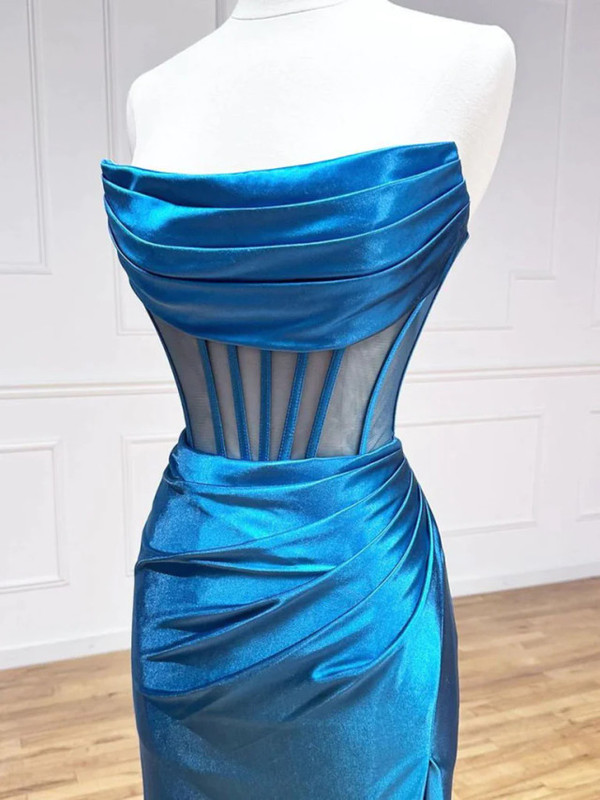 Simple Blue Satin Strapless Pleats Split Prom Dress