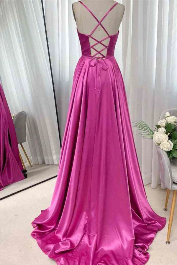 Fuchsia Satin Spaghetti Straps Prom Dress