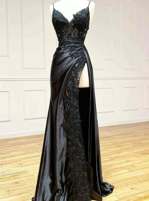 Black Mermaid Satin Spaghetti Straps Appliques Prom Dress