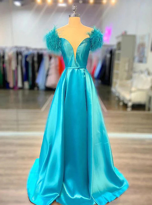 A-Line Blue Satin Feather Prom Dress