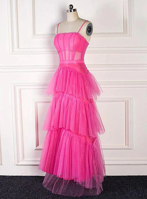 Hot Pink Tulle Spaghetti Straps Prom Dress