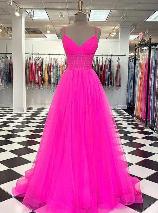 Simple Hot Pink Tulle Spaghetti Straps Prom Dress
