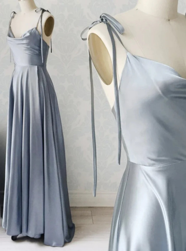 Simple Gray Satin Spaghetti Straps Prom Dress