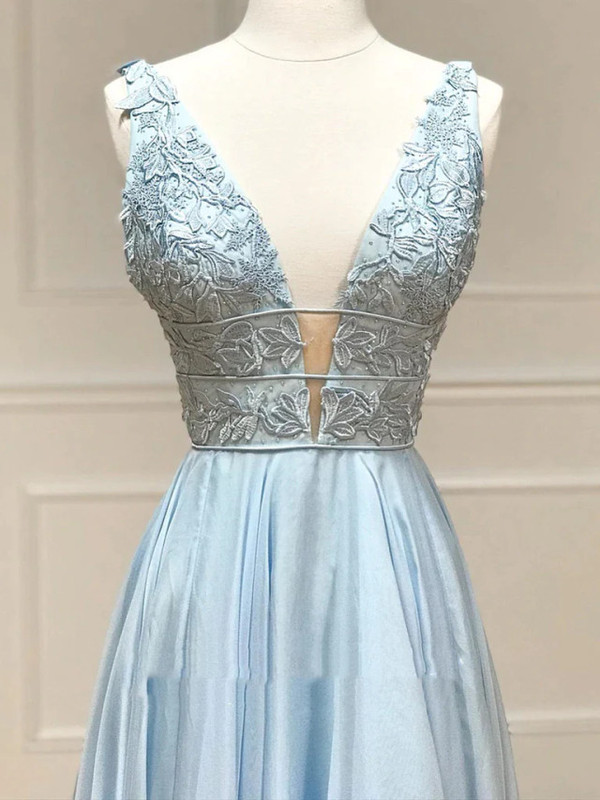 Light Blue Satin V-neck Appliques Prom Dress