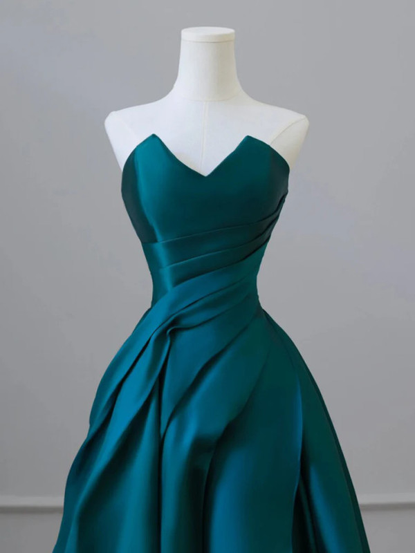 Blue Satin Strapless Pleats Prom Dress
