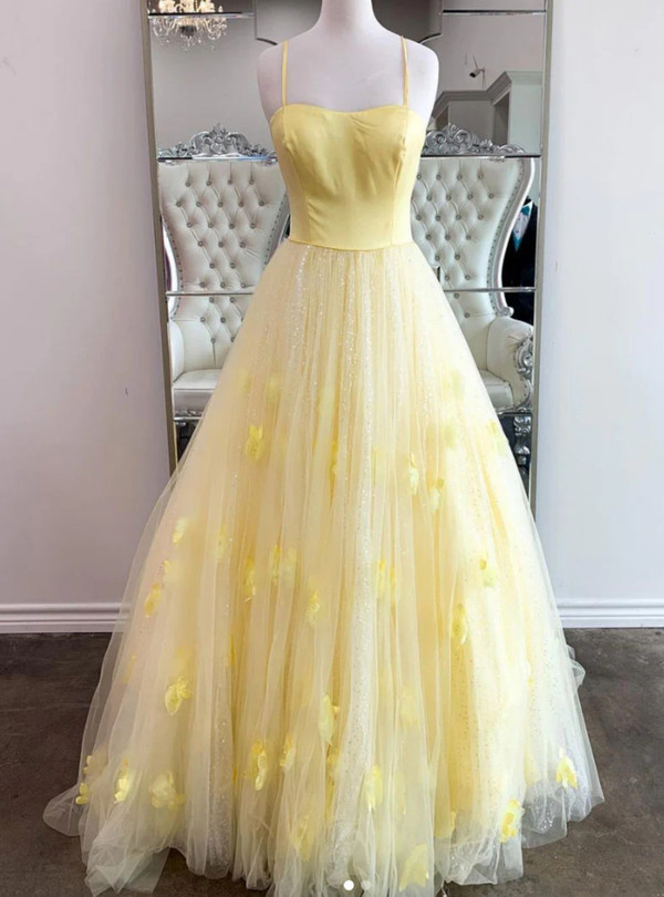 Yellow Tulle Straps Flower Prom Dress