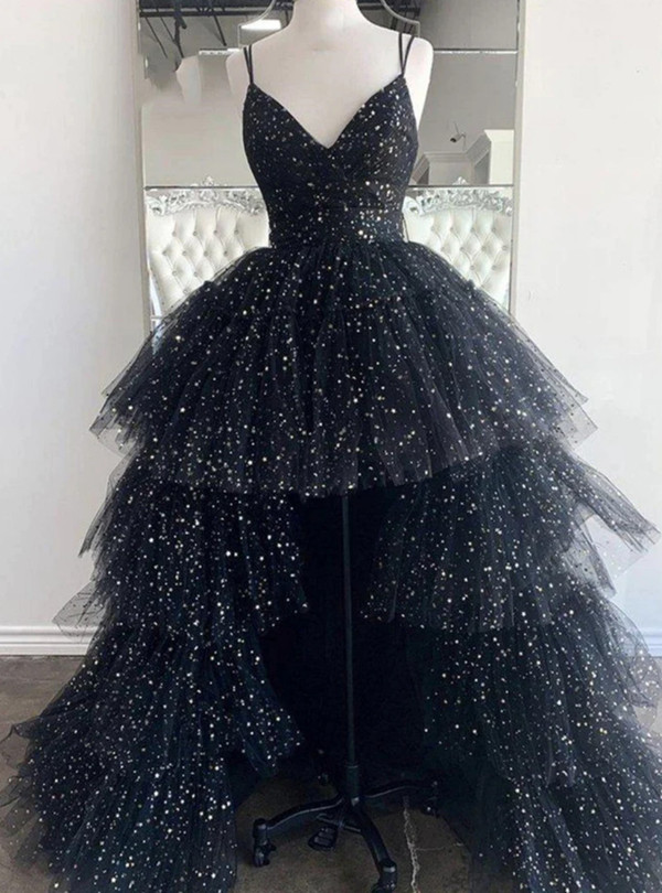 Black Tulle Sequins Hi Lo Spaghetti Straps Prom Dress