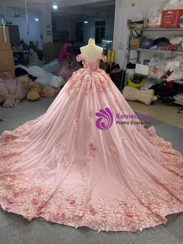 Pink Tulle 3D Appliques Prom Dress With Train