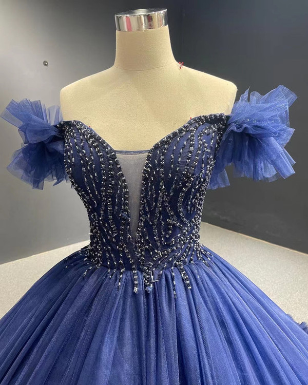 Navy Blue Tulle Beading Prom Dress