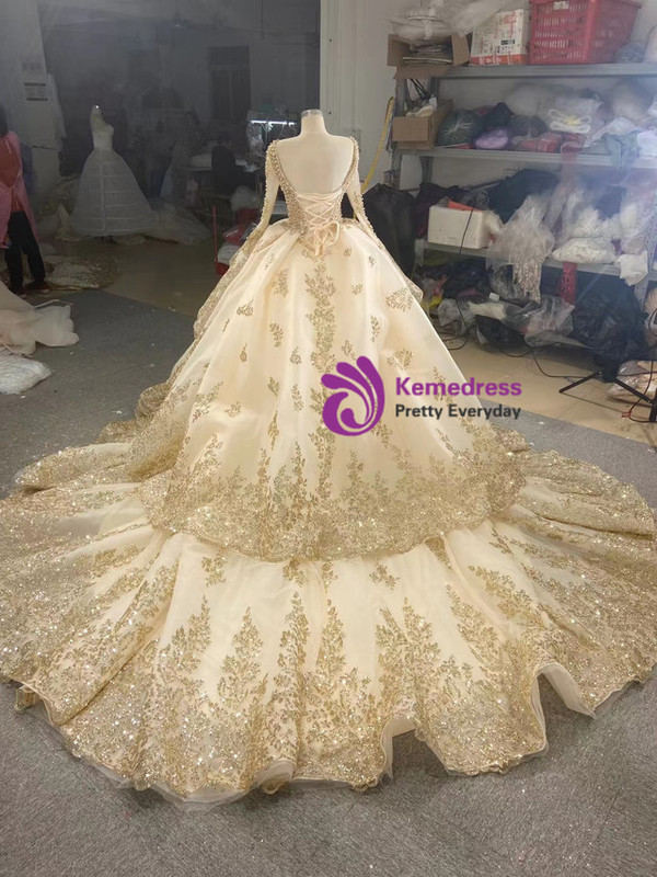 Champagne Tulle Sequins Long Sleeve Prom Dress