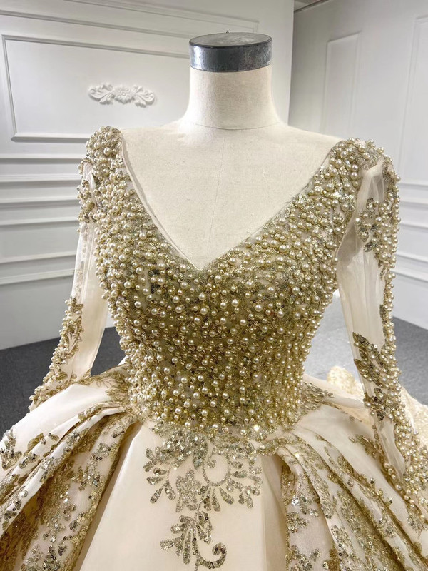 Champagne Tulle Sequins Long Sleeve Prom Dress