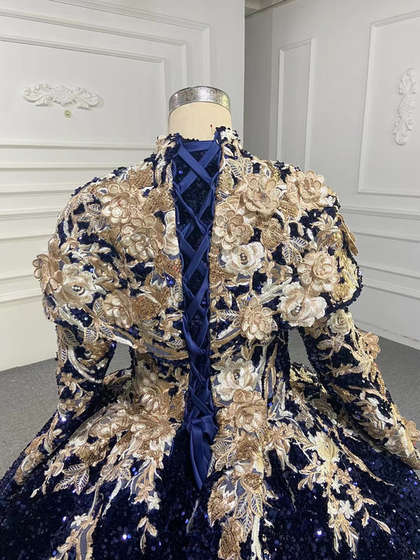 Navy Blue Sequins Appliques Long Sleeve Prom Dress