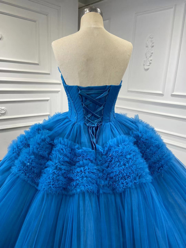 Blue Ball Gown Tulle Pleats Beading Prom Dress
