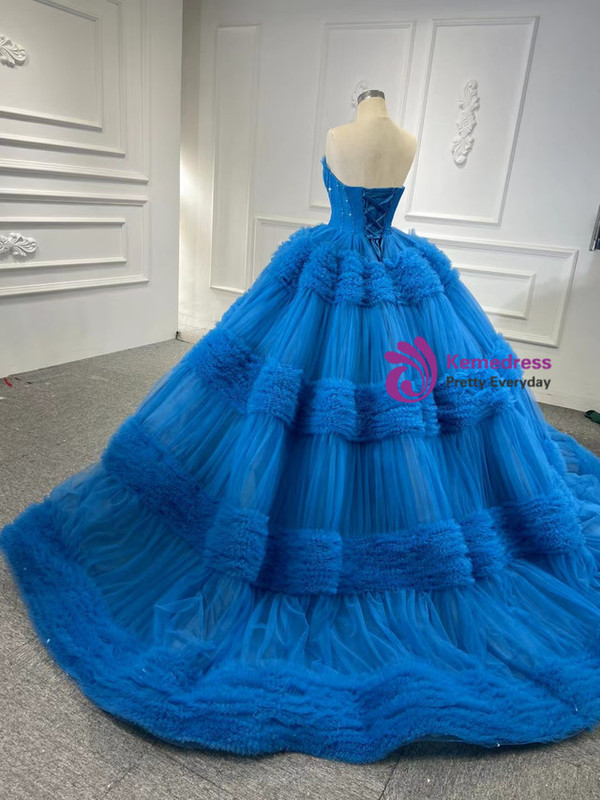 Blue Ball Gown Tulle Pleats Beading Prom Dress