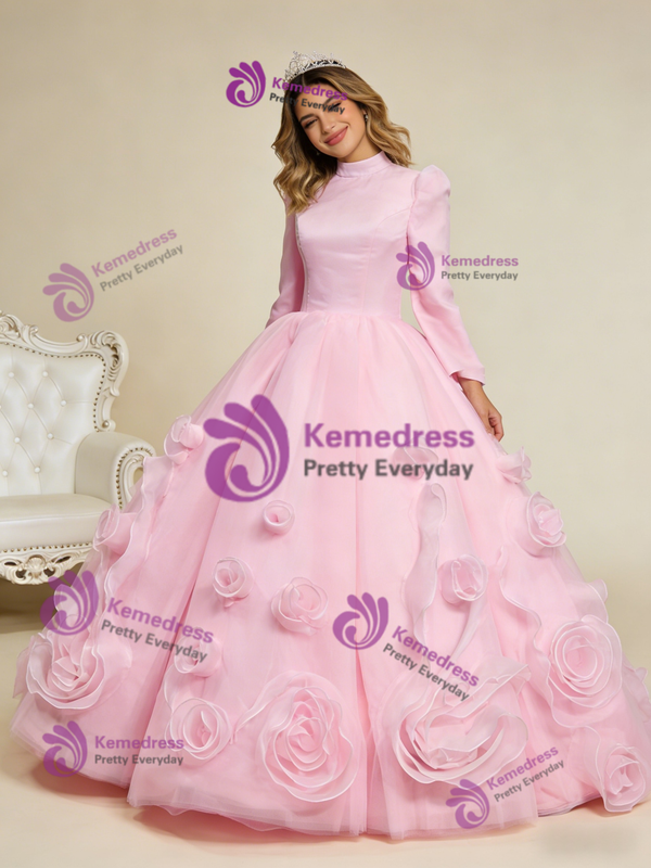Pink Long Sleeve High Neck 3D Flower Prom Dress