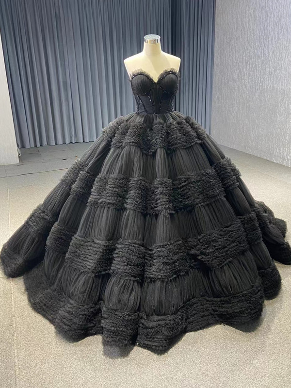 Black Ball Gown Tulle Beading Prom Dress