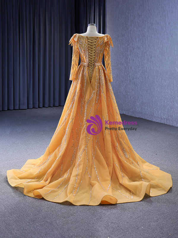 Gold V-neck Sequins Beading Prom Dress With Detachable Train