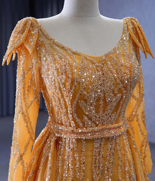 Gold V-neck Sequins Beading Prom Dress With Detachable Train