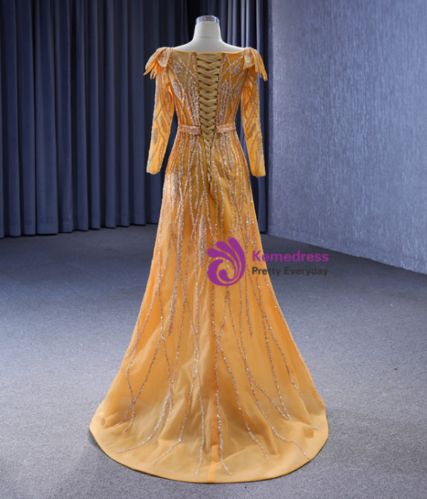 Gold V-neck Sequins Beading Prom Dress With Detachable Train