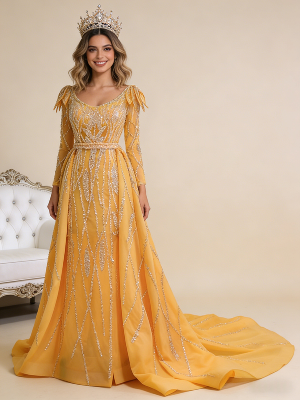 Gold V-neck Sequins Beading Prom Dress With Detachable Train