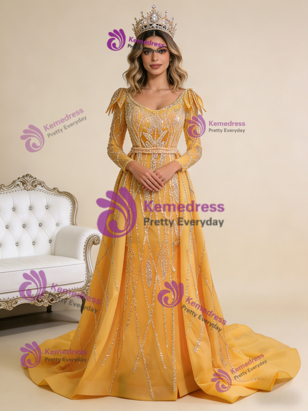 Gold V-neck Sequins Beading Prom Dress With Detachable Train