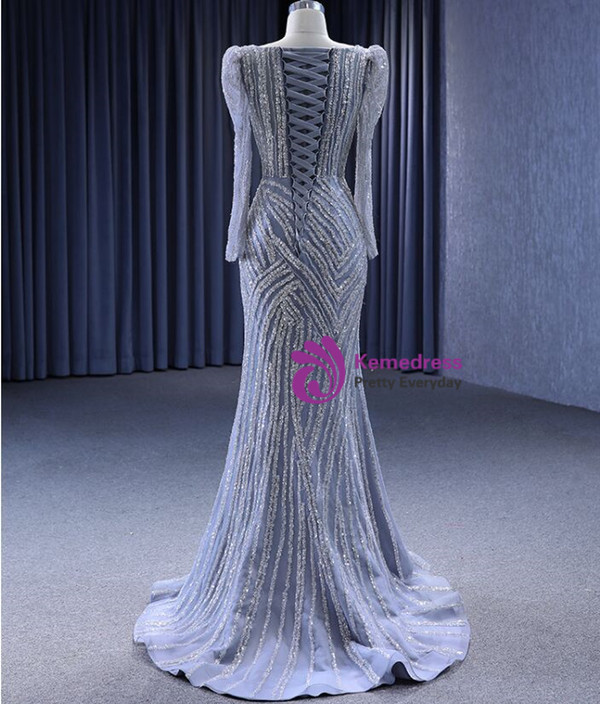 Gray Mermaid V-neck Beading Prom Dress With Detachable Train