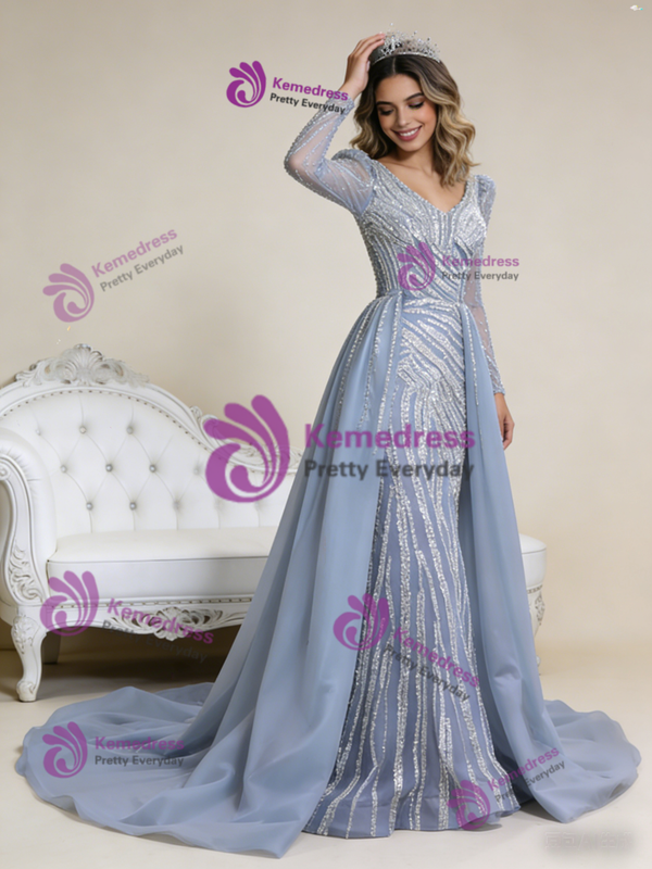 Gray Mermaid V-neck Beading Prom Dress With Detachable Train