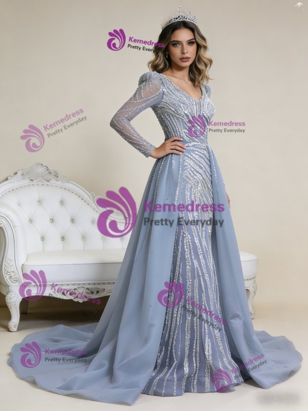 Gray Mermaid V-neck Beading Prom Dress With Detachable Train