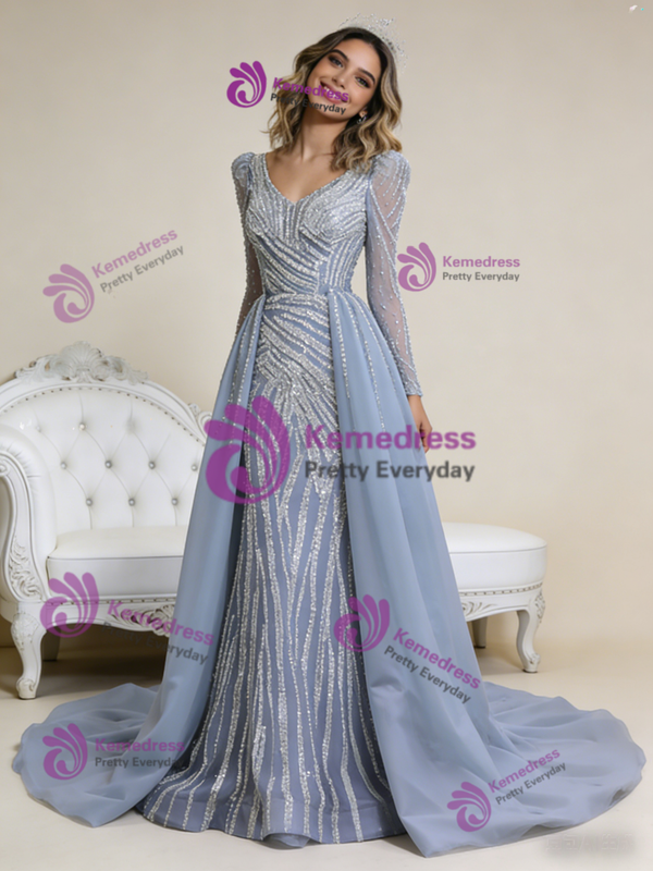 Gray Mermaid V-neck Beading Prom Dress With Detachable Train